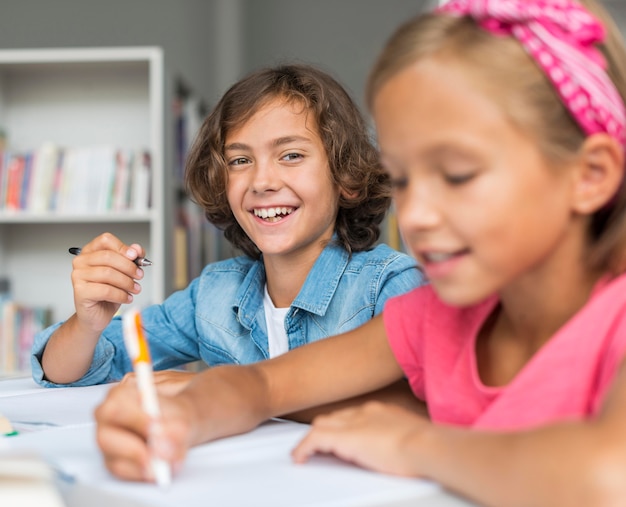 Migliori amici che fanno i compiti insieme in biblioteca