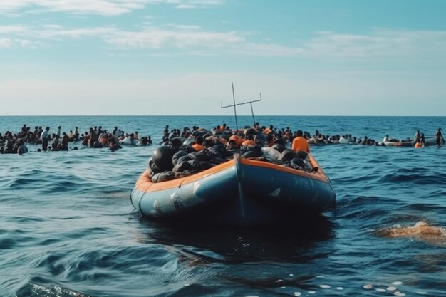 Migranti su una barca sovraffollata attraversano il mare Una nave scivola sull'oceano al tramonto tra acqua e cielo