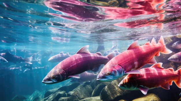 Migrazione per la deposizione delle uova del salmone rosa in primo piano