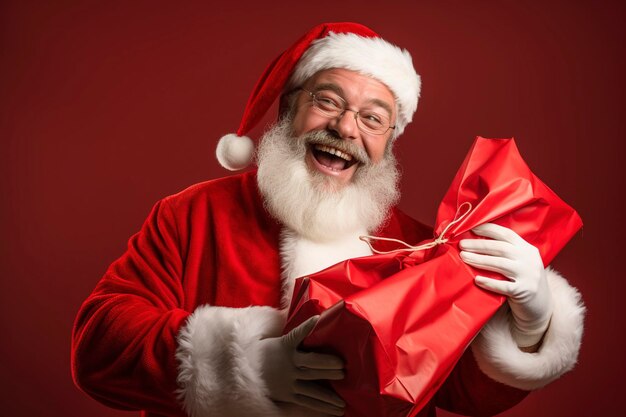 miling Babbo Natale che tiene la borsa con i regali sembra felice su uno sfondo di colore