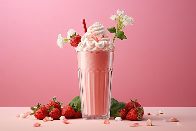 Milkshake a fragola e suoi ingredienti presentati su uno sfondo rosa