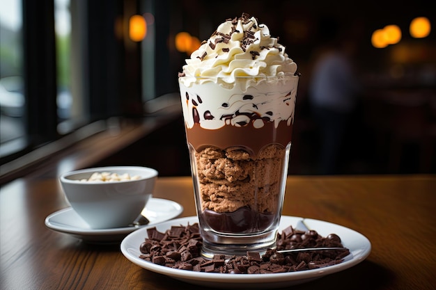 Milkshake al cioccolato con panna montata in un bicchiere alto generativo IA