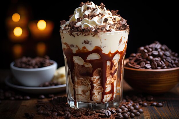 Milkshake al cioccolato con panna montata in un bicchiere alto generativo IA