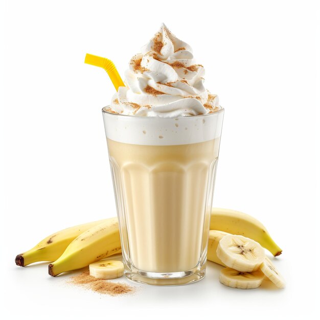 Milkshake alla banana con panna montata isolata su bianco Generative ai