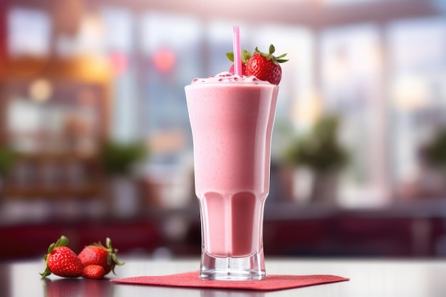 Milkshake alla fragola in un bicchiere sul tavolo Un rinfrescante frullato di frutta versato in un bicchierino trasparente su uno sfondo di caffè AI generato