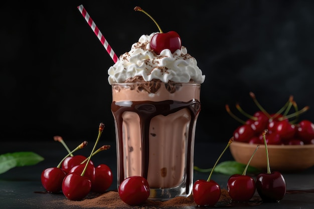 Milkshake della Giornata mondiale del latte con panna montata e ciliegina sulla torta AI generativa