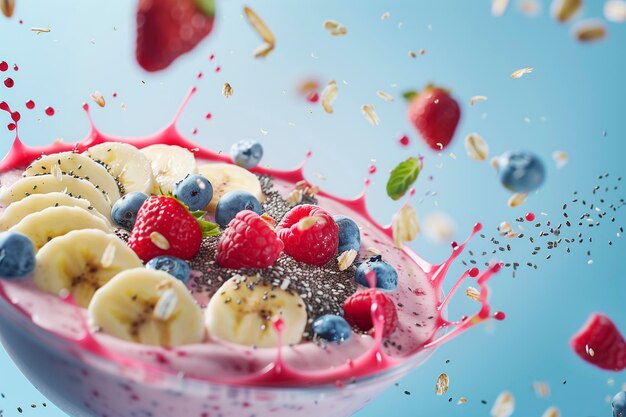 Milkshake di bacche fatto di banane lamponi fragole e mirtilli che galleggiano nell'aria