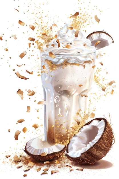 Milkshake di cocco cremoso spruzzato nel bicchiere con panna montata