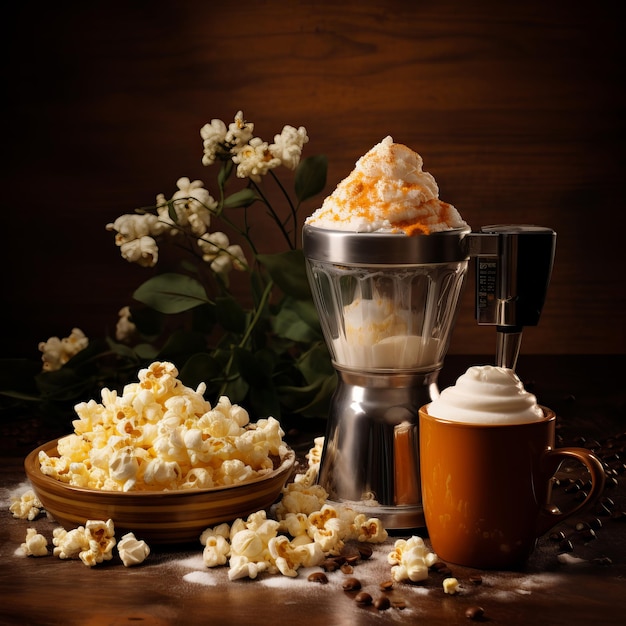 Milkshake dolce con sciroppo di caramello crema liquida con popcorn ciotola di popcorn