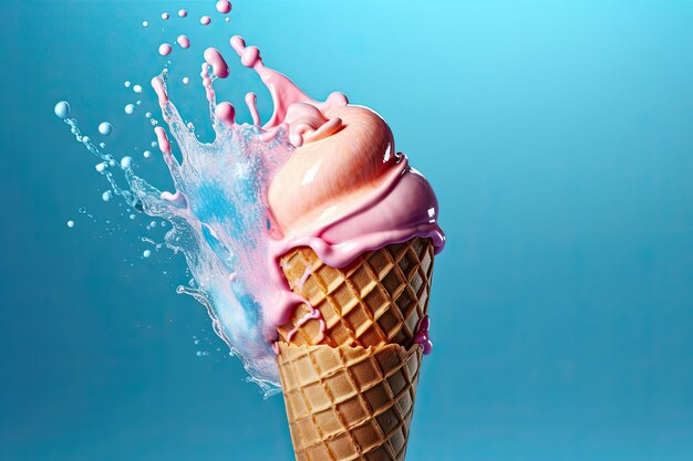 Milkshake pastello blu e rosa che schizza su un cono gelato su uno sfondo blu IA generativa