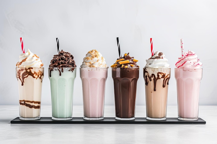 Foto milkshake posizionati accanto a bicchieri su uno sfondo bianco semplice