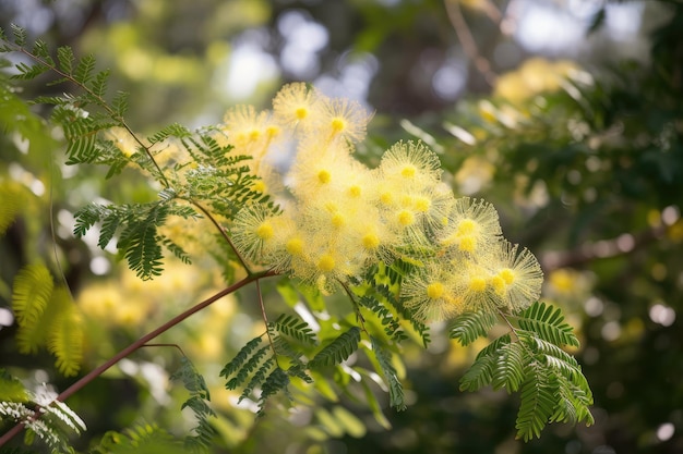 Mimosa albero in piena fioritura con delicati fiori e foglie visibili