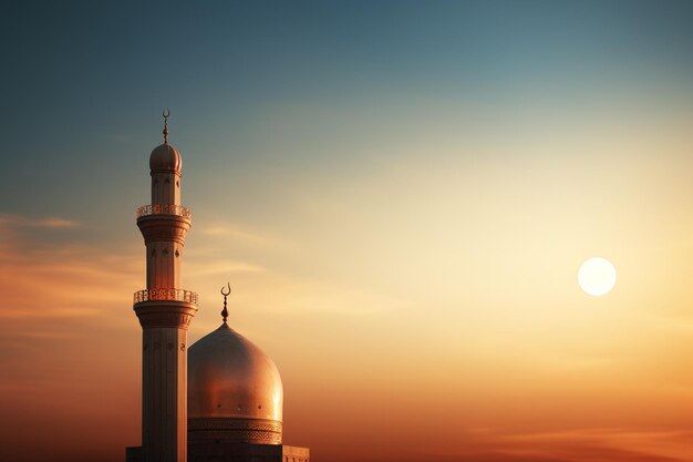 Minareto della moschea sullo sfondo del tramonto Sfondo di Ramadan Kareem