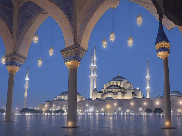 Minareto illuminato simboleggia la spiritualità nella famosa Moschea Blu ai generato