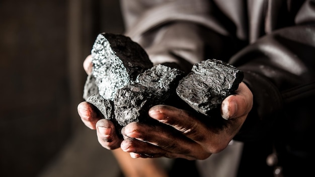 Minatore di carbone di carbone nelle mani dell'uomo di sfondo di carbone. Idea dell'immagine sull'estrazione del carbone o sull'energia