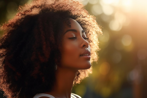 Mindfulness concetto di rilascio dello stress giovane donna che pratica la meditazione vicino alla natura ritratto generativo di IA