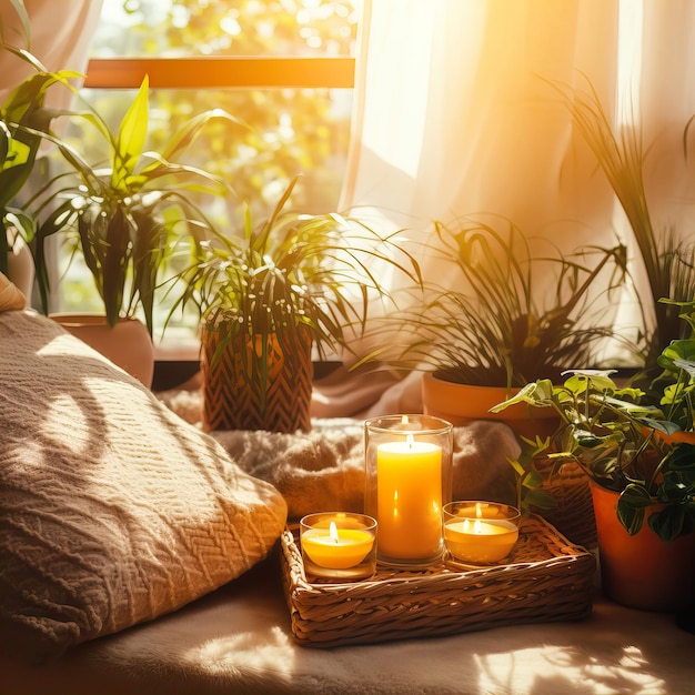 Mindfulness home interior decor piante verdi e candele nella bella luce pomeridiana naturale accogliente c