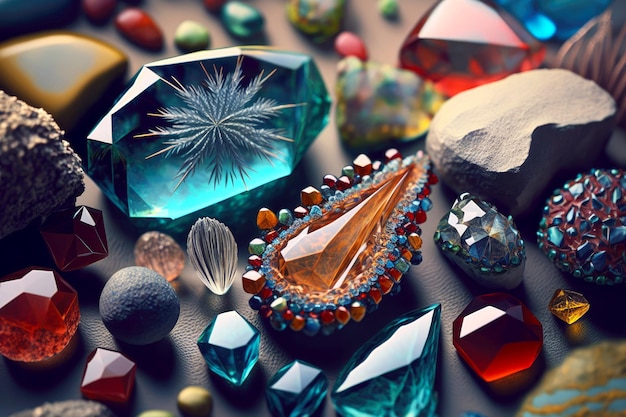 Minerali e pietre multicolori trasparenti con il primo piano dei modelli