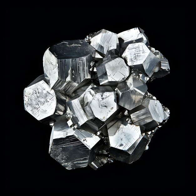 Minereo di tellurio a forma esagonale di colore bianco argento e materiale terrestre M isolato su BG nero