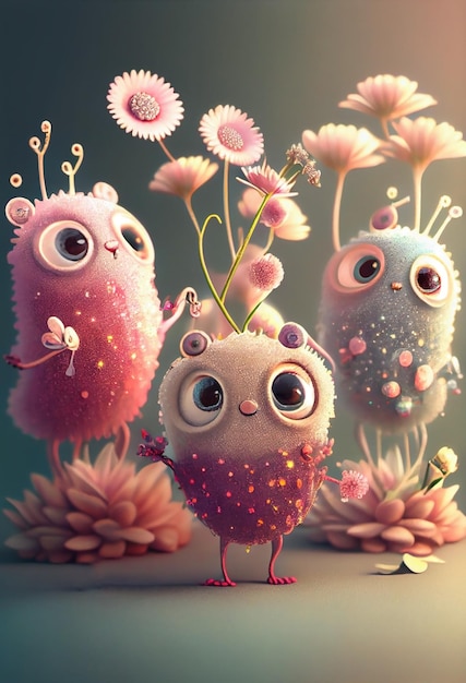 Mini adorabile illustrazione 3D di cartoni animati mostri stravaganti IA generativa