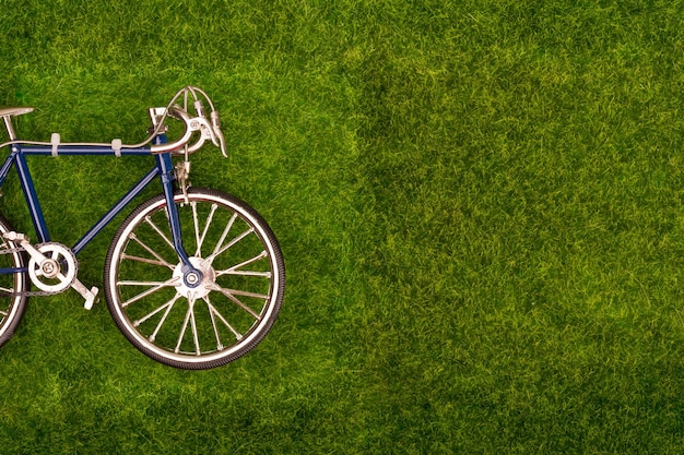 Mini bici giocattolo blu retrò sul prato d'erba