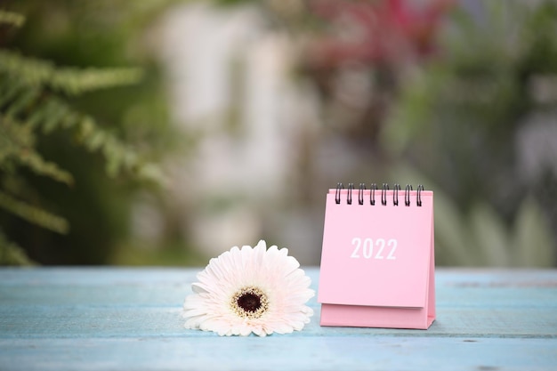 Mini calendario rosa e fiore di gerbera bianca