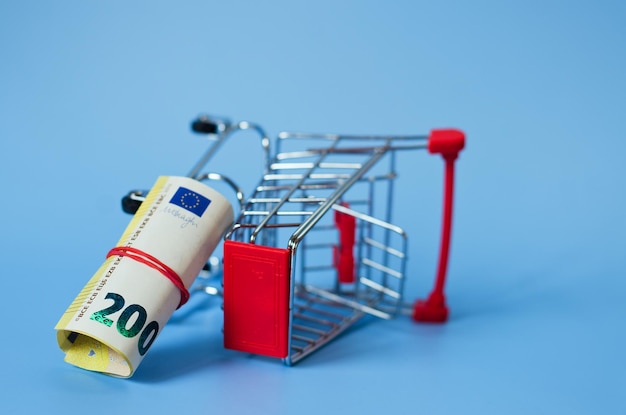 Mini carrello della spesa della spesa con le banconote in euro, soldi su fondo blu. Finanza aziendale