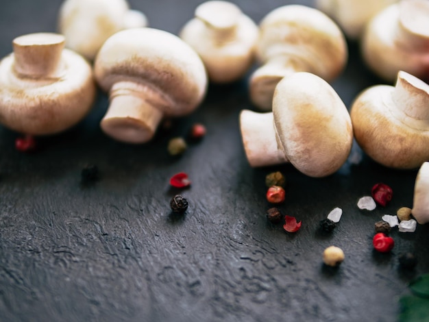 Mini champignon su sfondo nero copia spazio