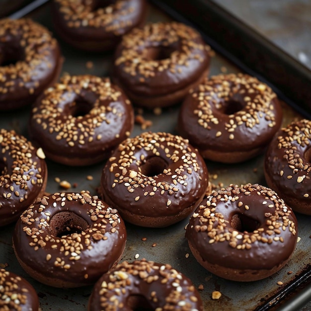 Mini ciambelle di noci di cioccolato fresche con semi di sesamo e zucchero marrone sul vassoio