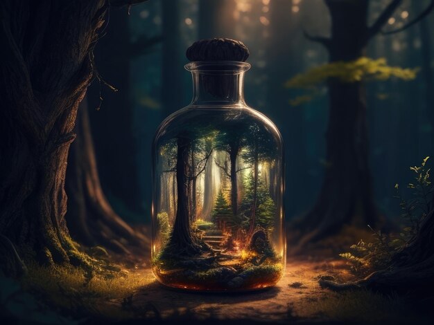 Mini città all'interno di una bottiglia in una foresta notturna