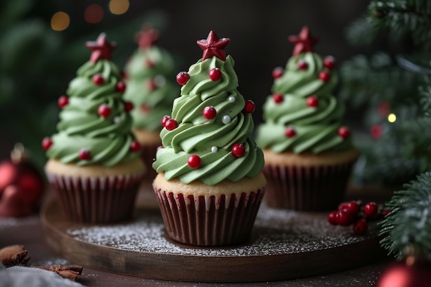 Mini cupcake dell'albero di Natale di vista frontale su buio