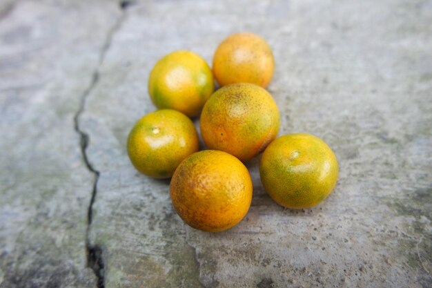 mini frutta d'arancia fresca nel giardino del cortile in estate