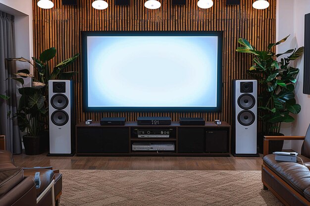 Mini Home Theater su parete bianca attrezzature audio a grande schermo