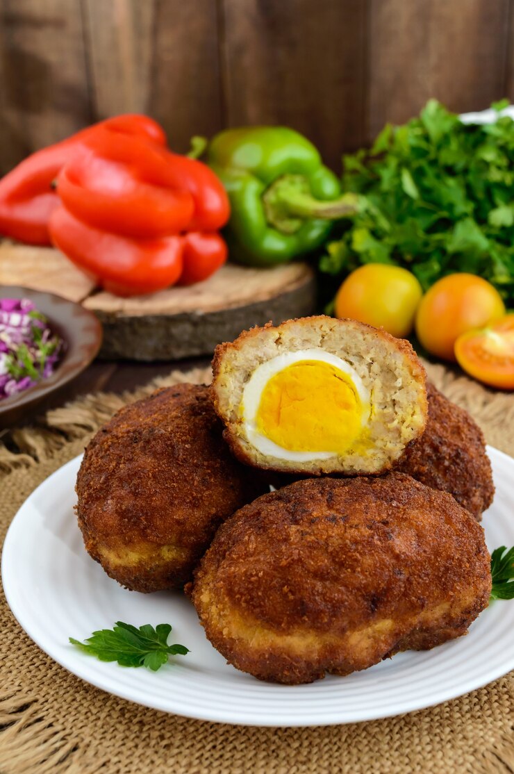 Mini-involtini di carne con uovo sodo. Avvicinamento