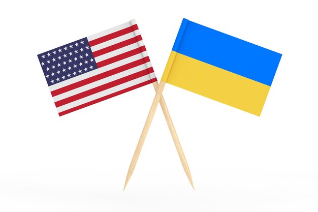 Mini Paper Ucraina e USA Pointer Flags su sfondo bianco Rendering 3d