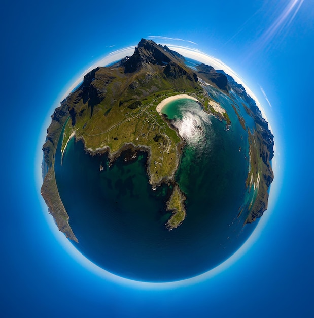 Mini pianeta Lofoten è un arcipelago nella contea di Nordland, Norvegia. È noto per uno scenario caratteristico con montagne e vette spettacolari, mare aperto e baie riparate, spiagge e terre incontaminate.