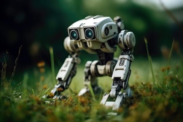 Mini robot cammina sull'erba verde Primo piano IA generativa