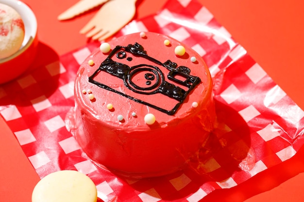 Mini torta rossa con topping alla crema di burro dell'immagine della fotocamera