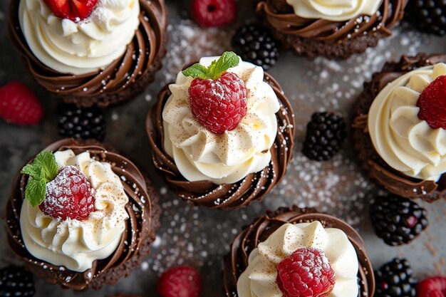 mini torte con cioccolato e fragole sullo sfondo della pasticceria