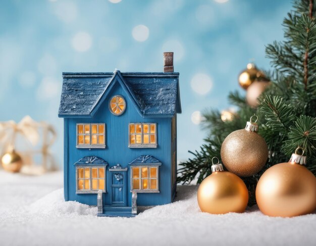 Miniatura casa blu nella neve atmosfera di Capodanno