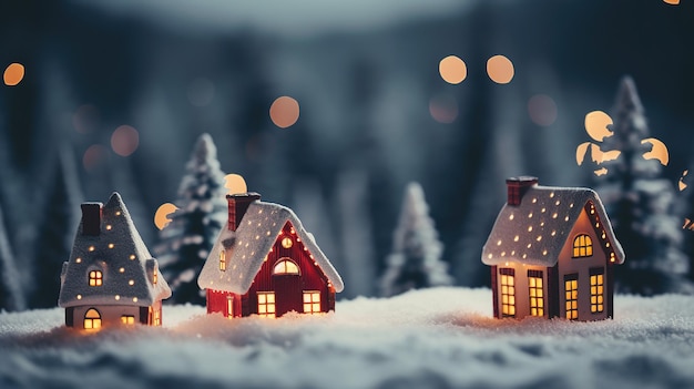 Miniatura di Natale con case e foresta di abeti concetto di Natale e Capodanno