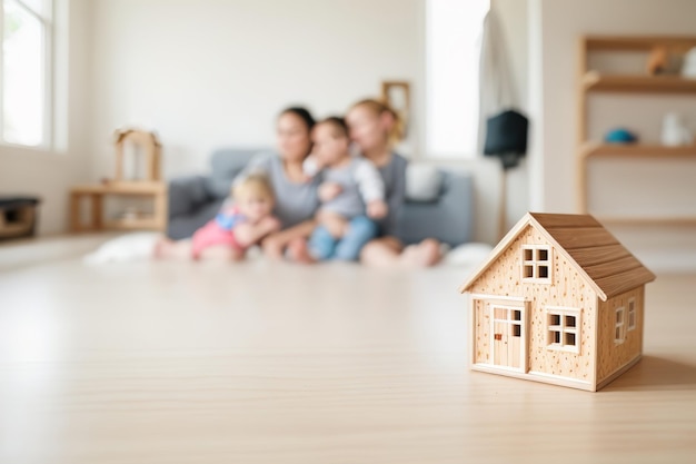 Miniatura di una casa di legno sul pavimento di una giovane famiglia sullo sfondo fuori fuoco