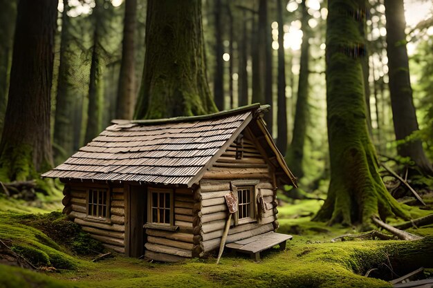 miniatura vecchia cabina di legno all'interno di una foresta inclinazione spostamento sfocatura