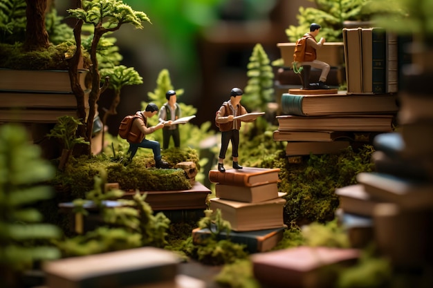 Miniature che esplorano la foresta dei libri