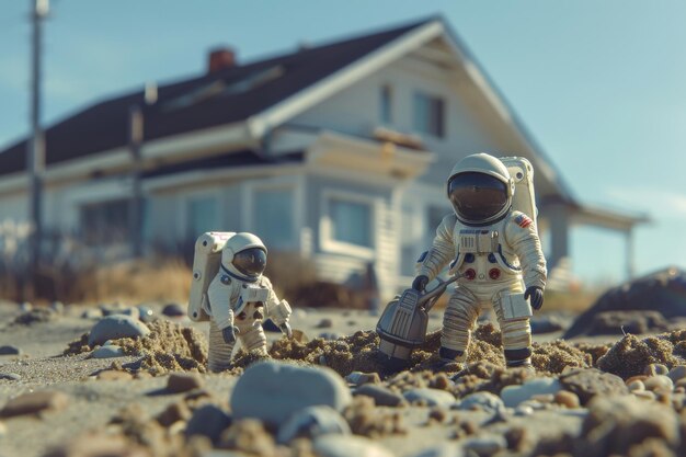 Miniature di bambole astronautiche che esplorano un cumulo di sabbia davanti a una casa