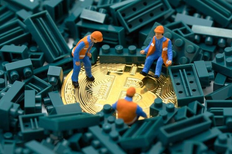 Photo miniature people construction worker digs a gold bit coin 