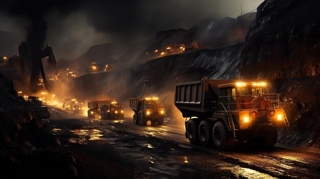 miniera di carbone a cielo aperto enormi camion di estrazione e escavatore generativa AI