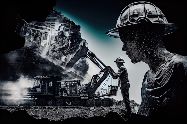 Miniera di carbone con minatori al lavoro e macchinari in movimento che creano una doppia esposizione creata con l'IA generativa