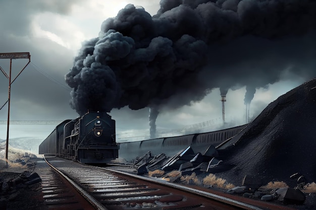 Miniera di carbone e binari del treno con il fumo che si alza dal carbone ardente