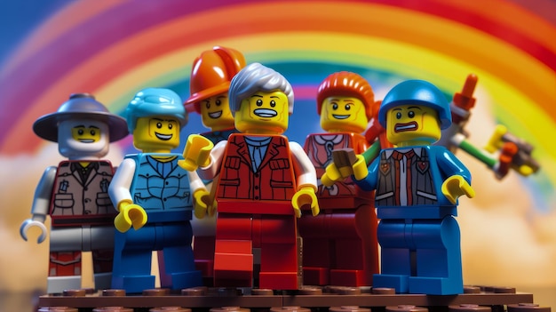 Minifigure Lego davanti a uno sfondo arcobaleno